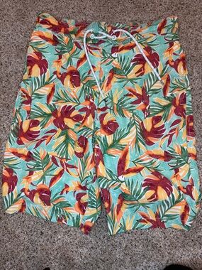 Goodfellow & Co Tropical Print Swim Shorts in Teal, Orange, Yellow, Burgundy